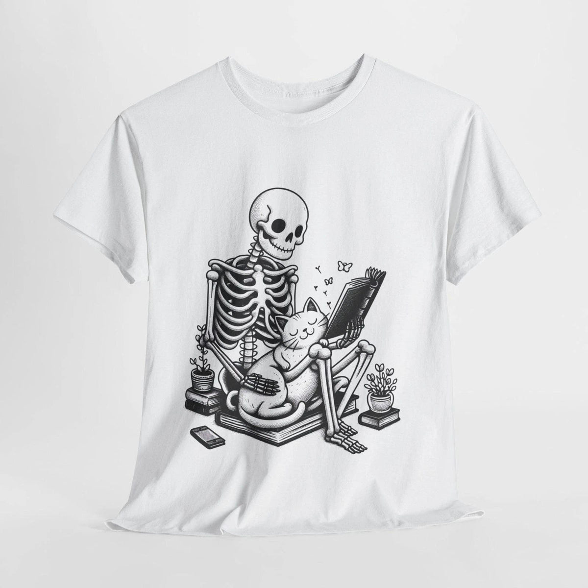 #31 Cute Skeleton Reading Tee, Halloween Shirt, Cute Graphic T-Shirt, Unisex Cot