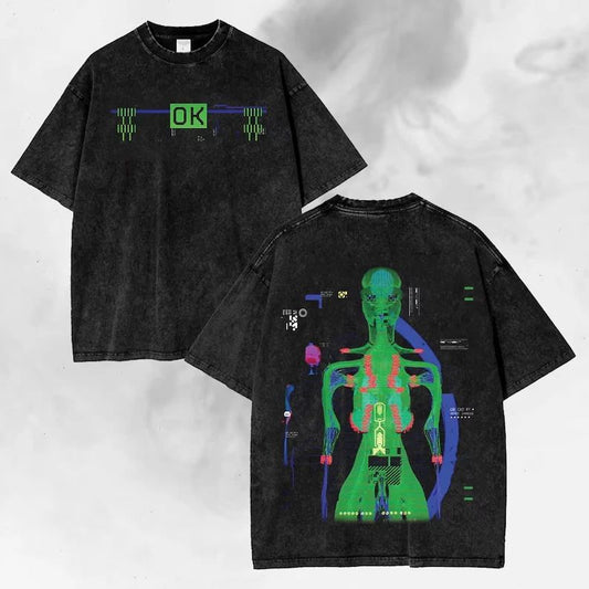 Vintage Washed T-Shirt, Neon Glitch Sci-Fi Streetwear Tee, Futuristic Gamer Gift