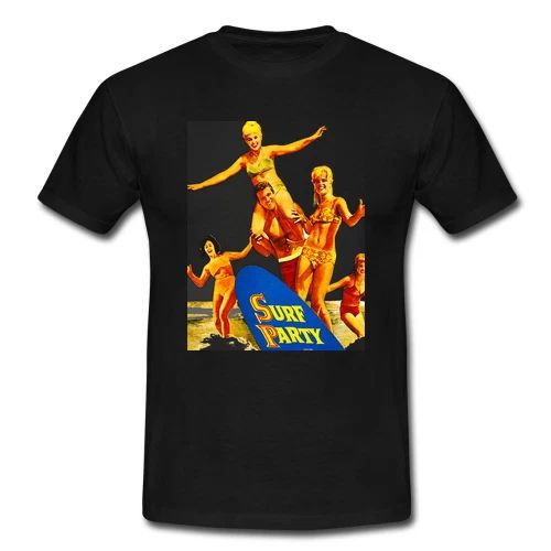 Mens Retro Surf T-shirt Beach Surf Party Movie Surfing Board Bikinis Surfboard