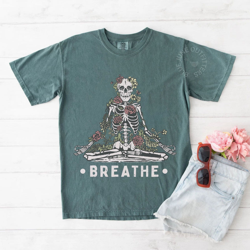 Breathe Botanical Meditating Skeleton Tee Spiritual Boho Gothic Comfort Colors