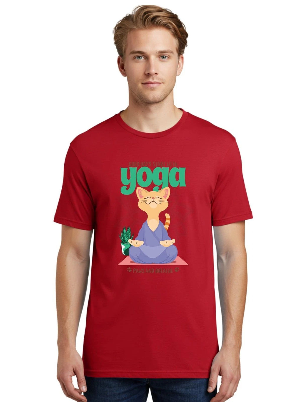 Yoga-Cat Mens Graphic Tee,100% Cotton,Casual Summer Wear