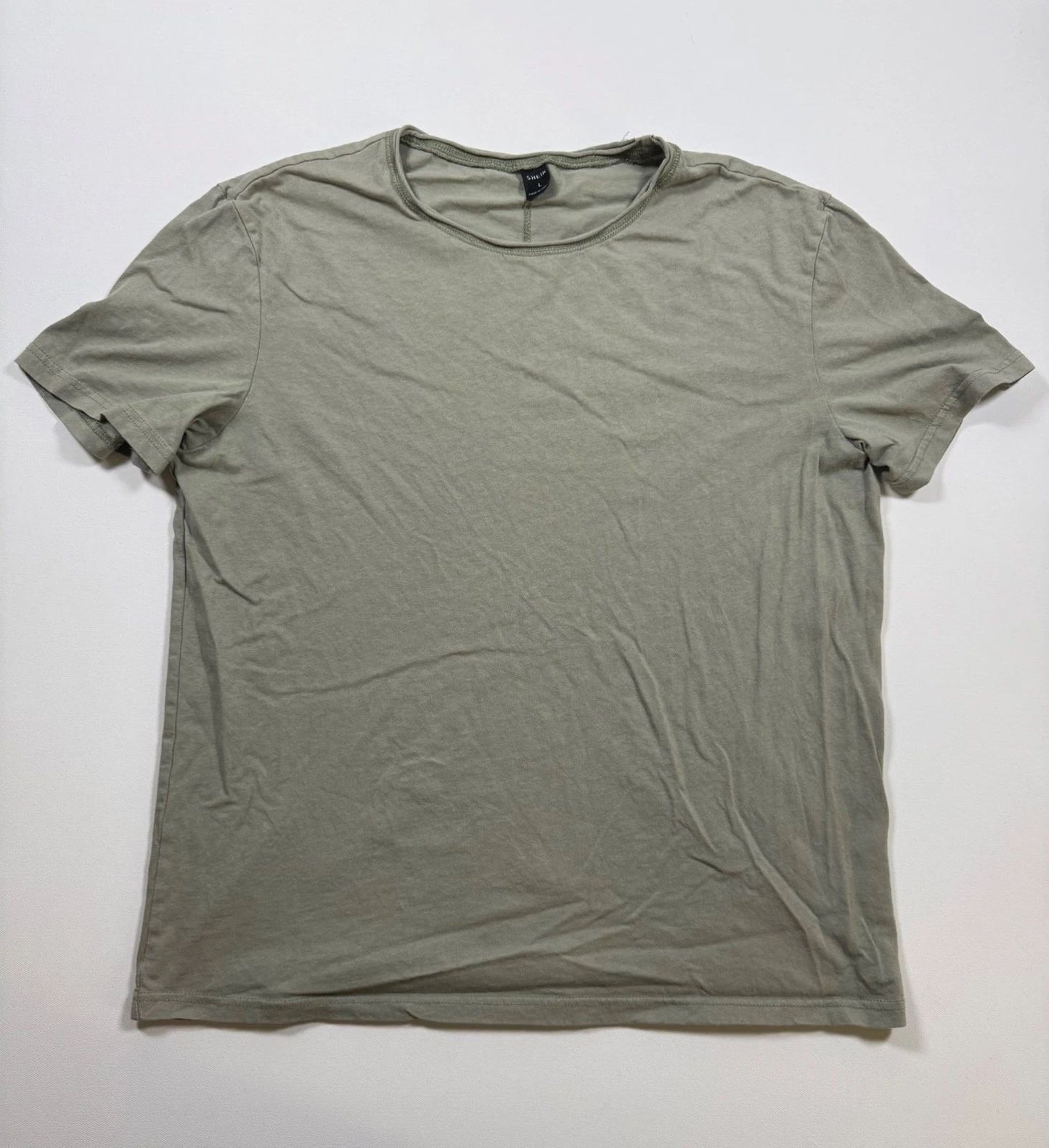 SHEIN Tee Mens L Olive Green Crew Neck Relaxed Back Seam Short Sleeve Basic