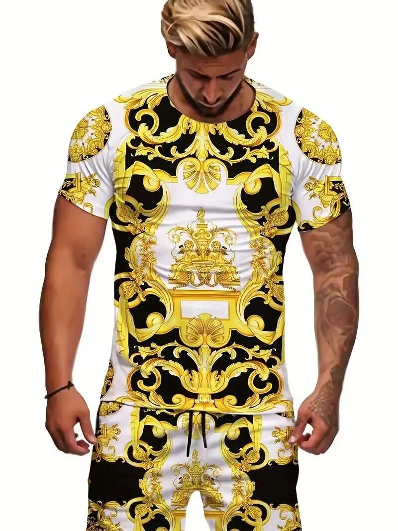 T Shirt Baroque Fashion Off White Gold Yellow Leaf Party Men Short Sleeve Trendy