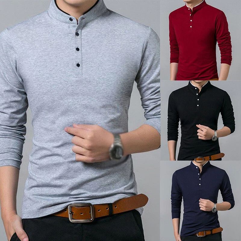 Mens Grandad Shirts Tee Shirt Long Sleeve Mandarin Collar Slim Fit Blouse Tops ⇖