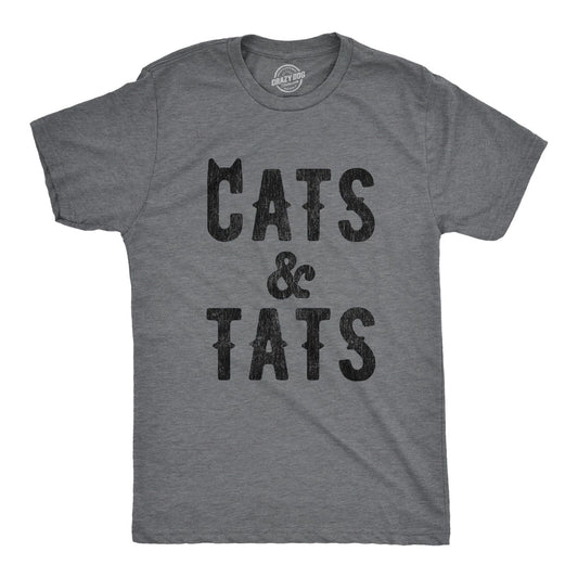 Mens Cats and Tats T shirt Funny Tatoo Graphic Cat Dad Saying Hilarious