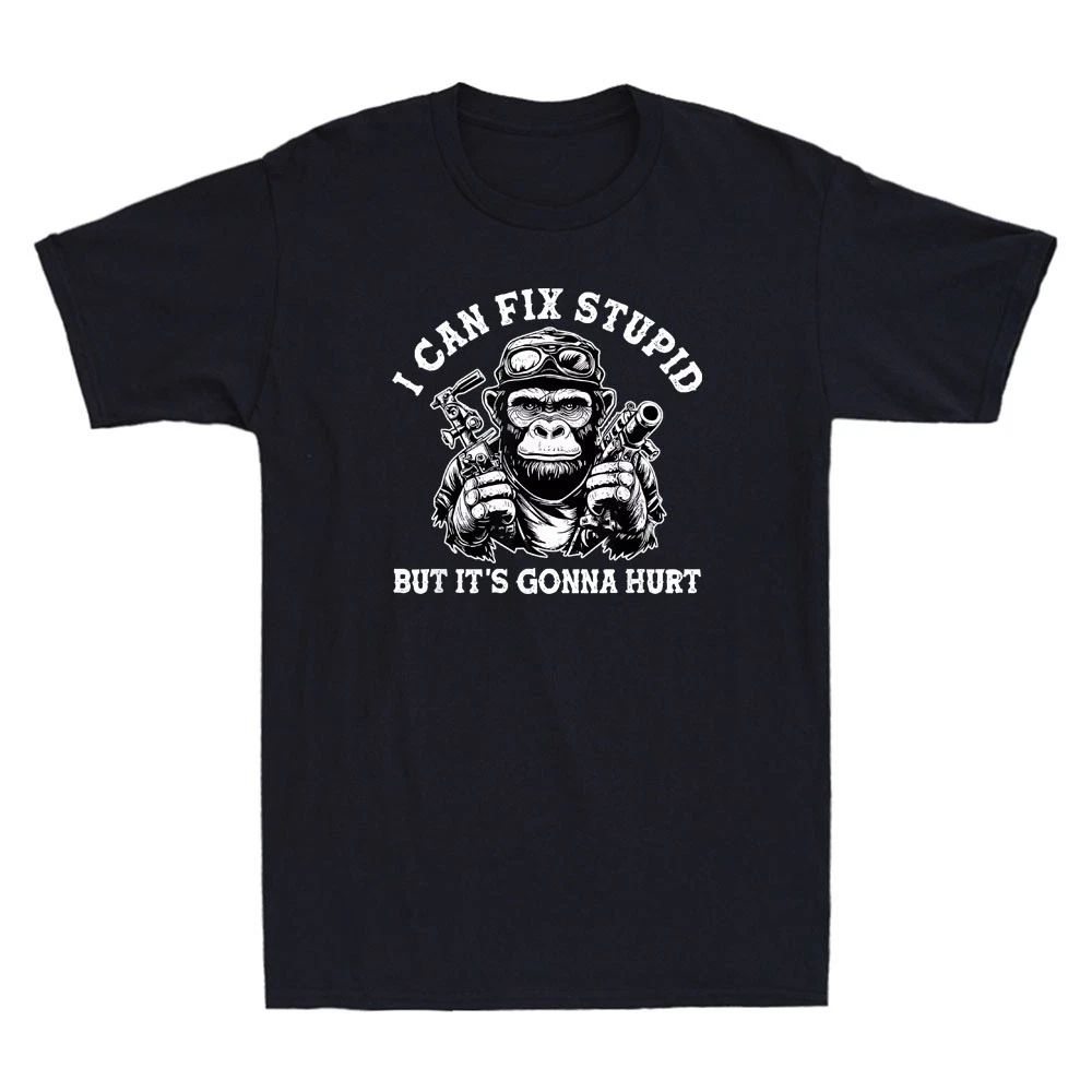 I Can Fix Stupid But It's Gonna Hurt Funny Monkey With Gun Graphic Men's T-Shirt
