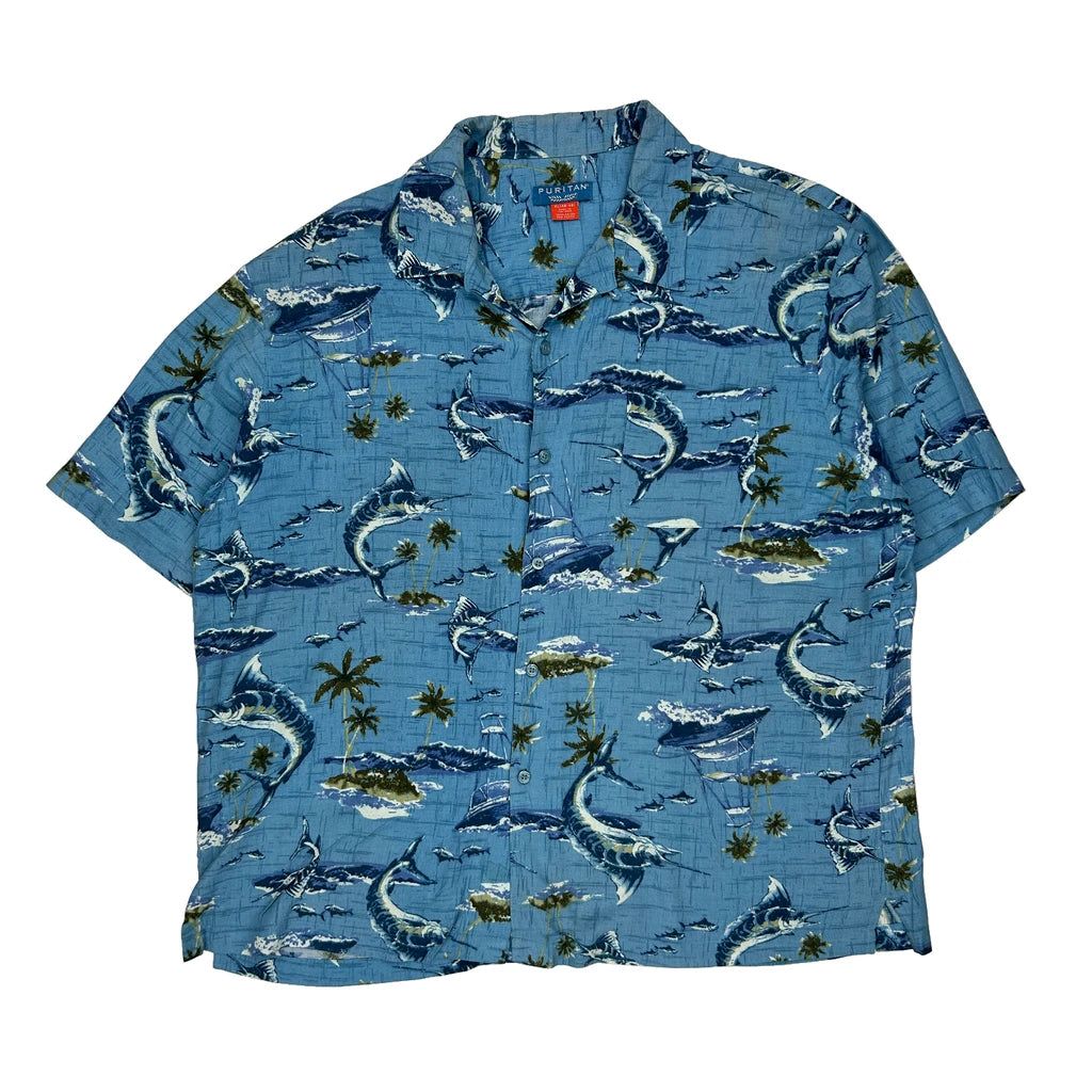 Puritan Graphic Hawaiian Shirt - XL Blue Viscose