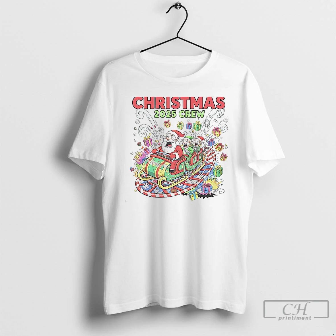 Classic Christmas 2025 Crew Santa Sleigh Ride Rollercoaster White T Shirts