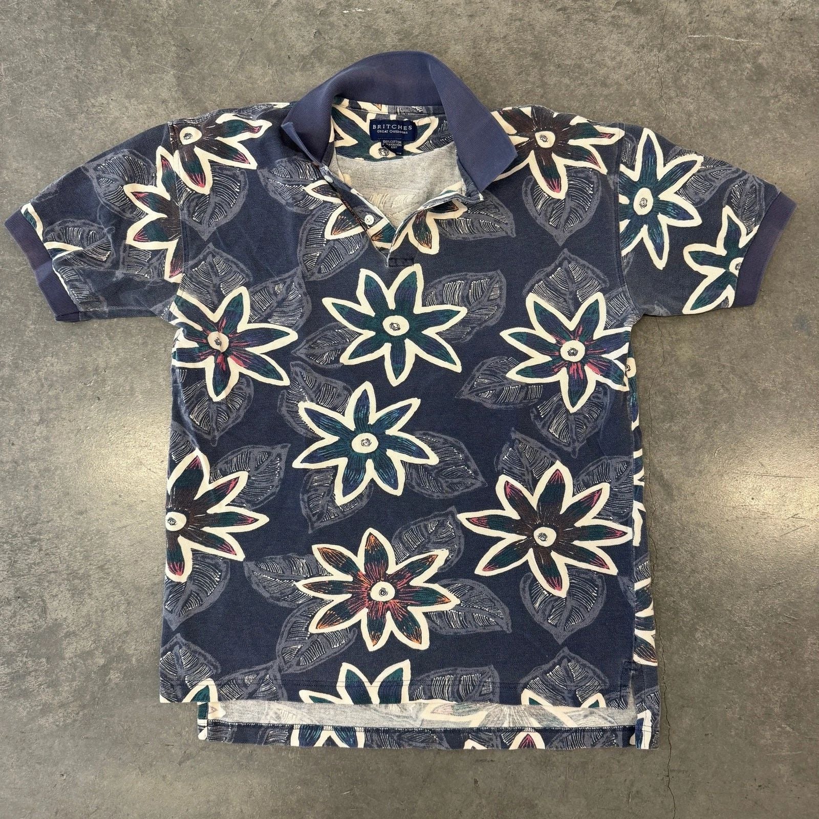 Vintage Y2K Tropical Polo Hawaiian Surf Britches Floral Navy 100% Cotton Large