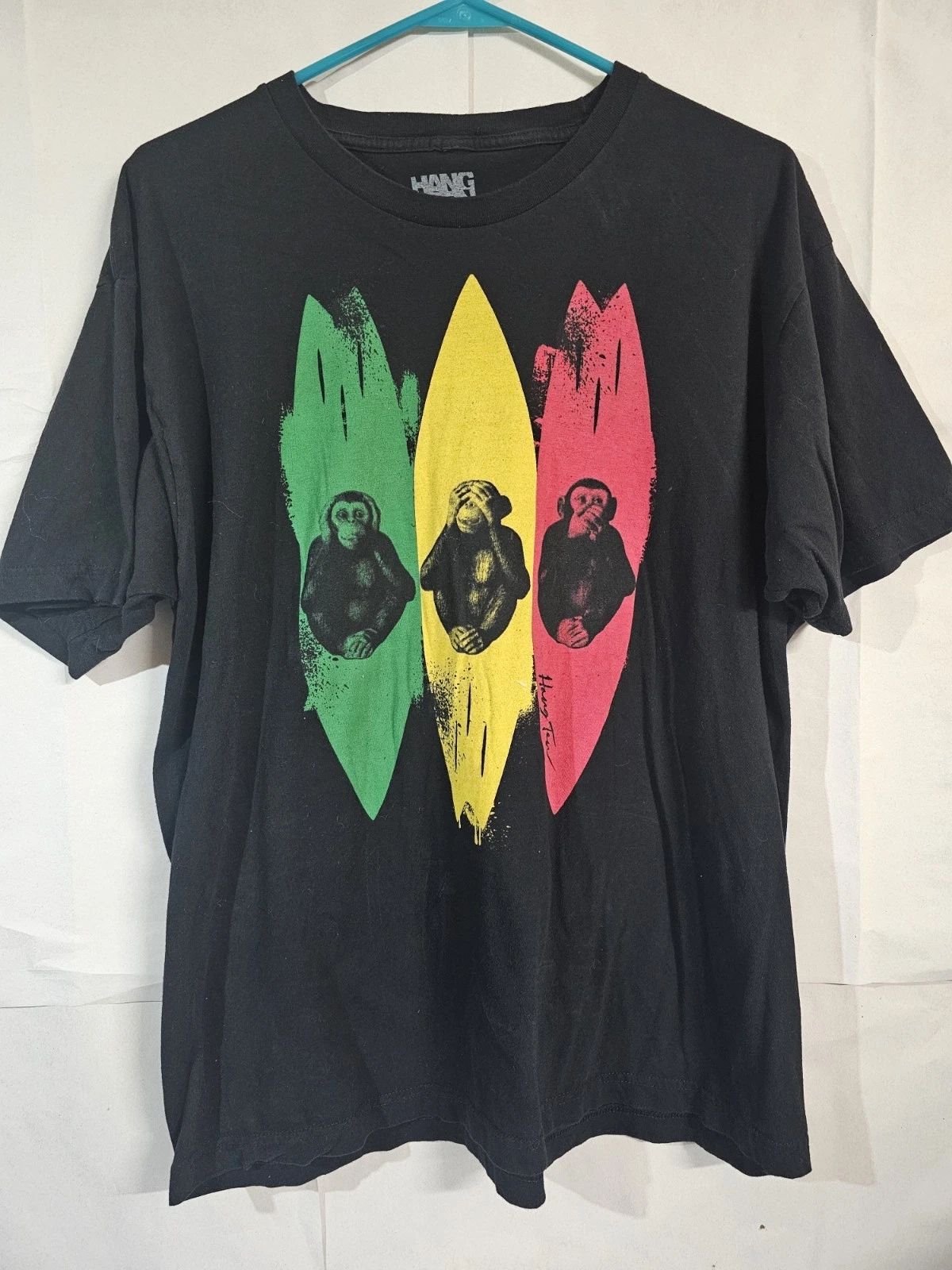 Hang Ten Three Wise Monkeys Surfboard T-Shirt Mens Large Black Surfing Graphic