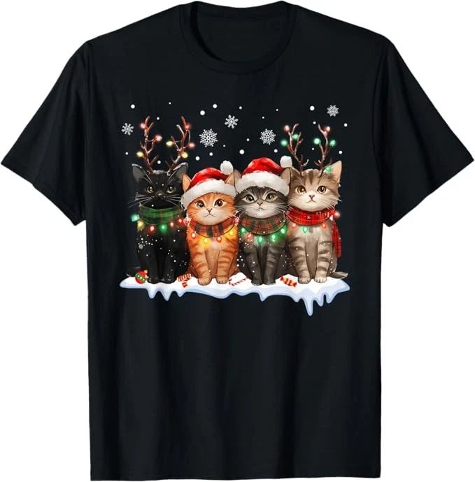 Cat Christmas Light Reindeer Santa Christmas Cat Lover T-Shirt