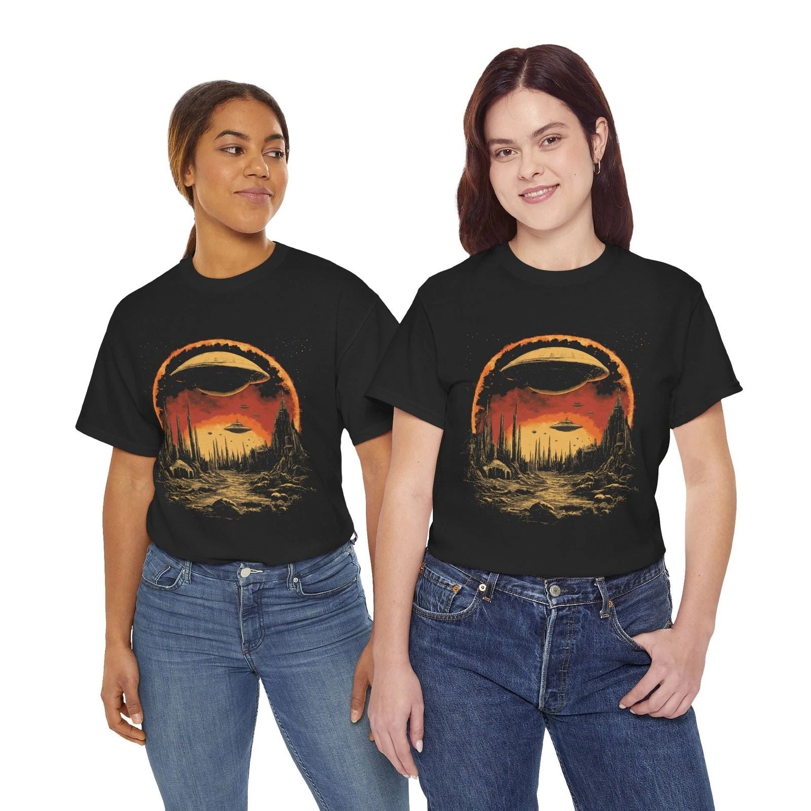 Cosmic Adventure Unisex Heavy Cotton Tee, UFO Tee, Space Graphic Shirt, Sci-Fi