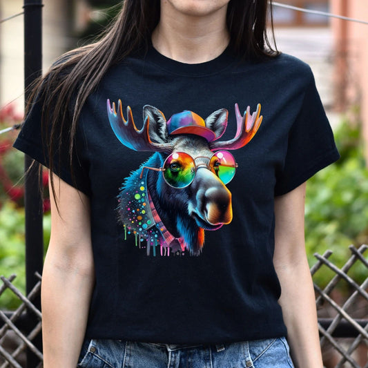 Moose Color Splash Unisex T-Shirt Cool Canadian moose Black Navy Dark Heather