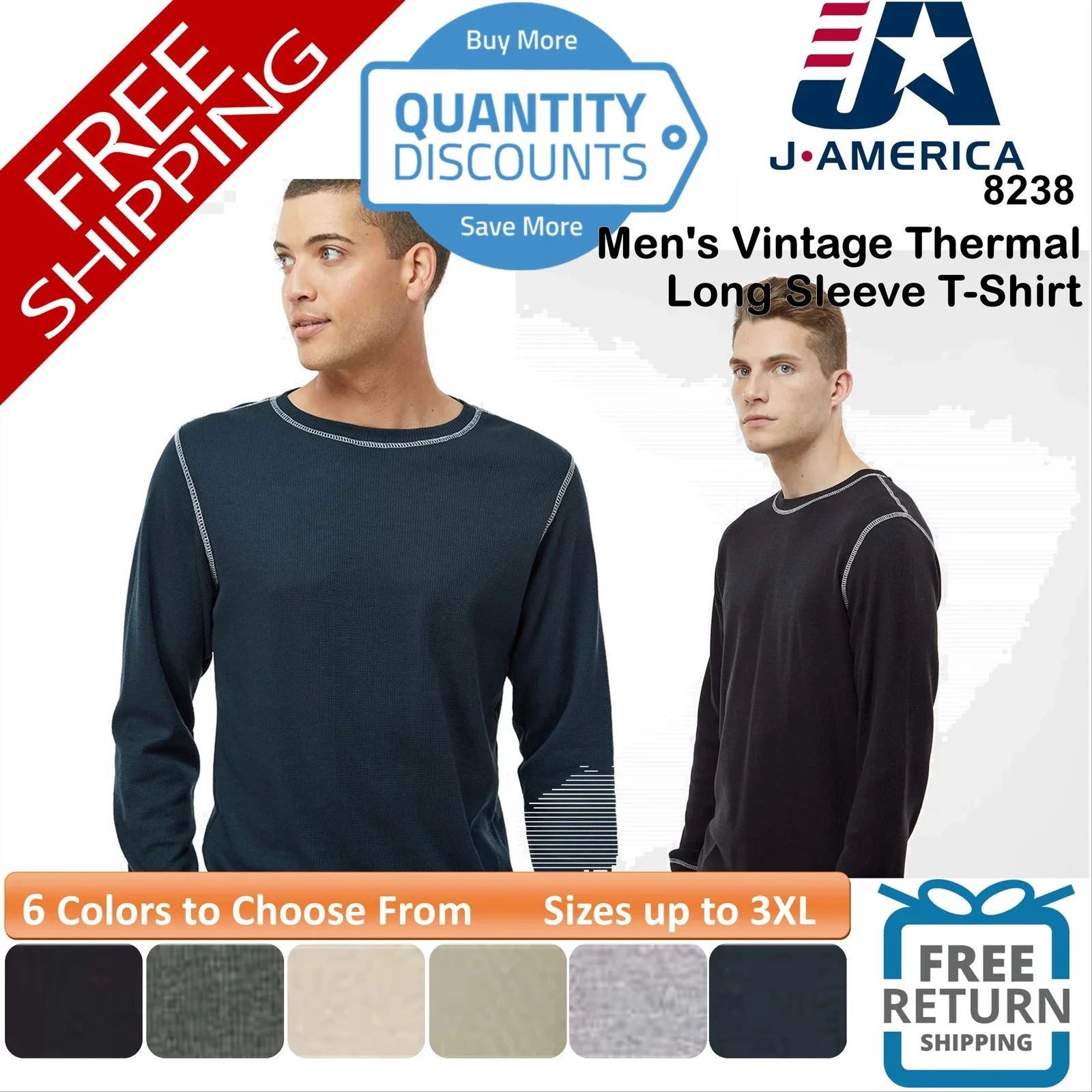 🔥 J. America Men Vintage Thermal Long Sleeve T-shirt Blend Up To 3XL 8238