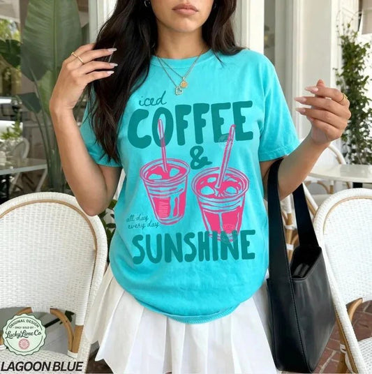 Iced Coffee & Sunshine shirt, coffee lover gift, summer graphic tee, Comfort Col