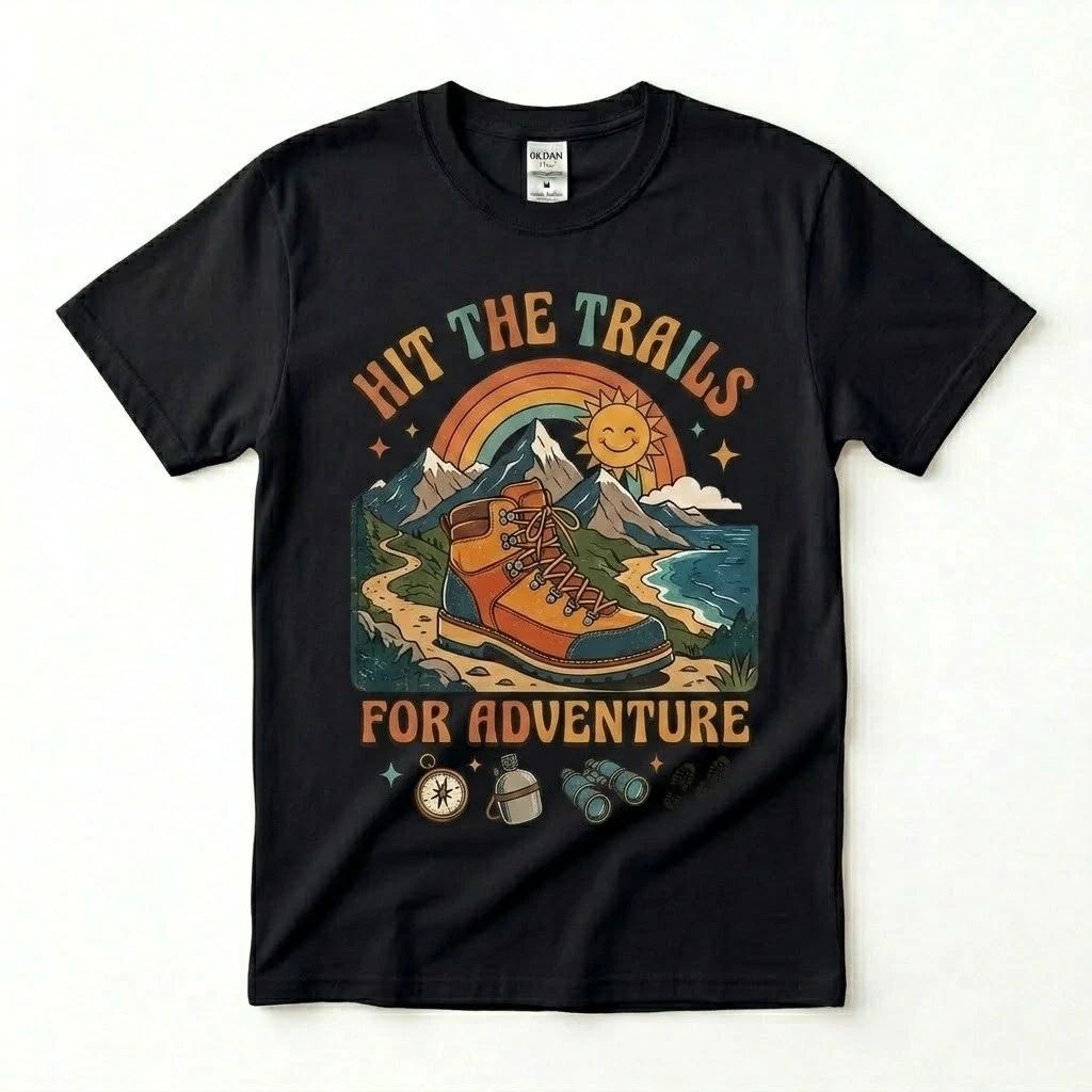 Hit The Trails For Adventure T-Shirt Retro Hiking Graphic Tee Outdoor Camping To