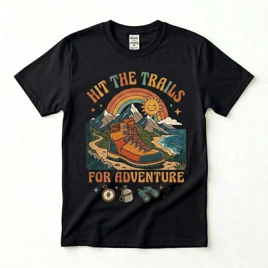 Hit The Trails For Adventure T-Shirt Retro Hiking Graphic Tee Outdoor Camping To