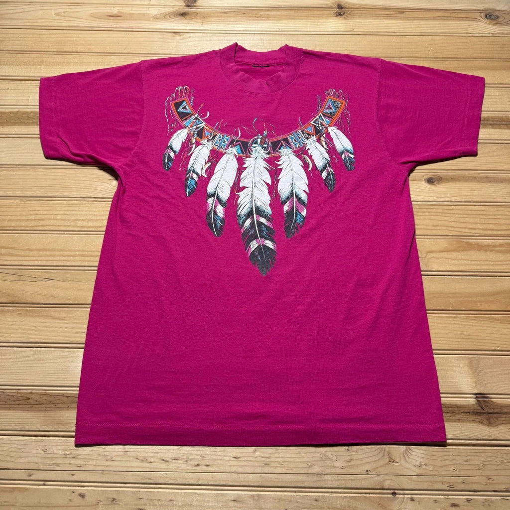 Vintage 90s Native American Boho Tribal Necklace Feather Graphic T-Shirt - Large