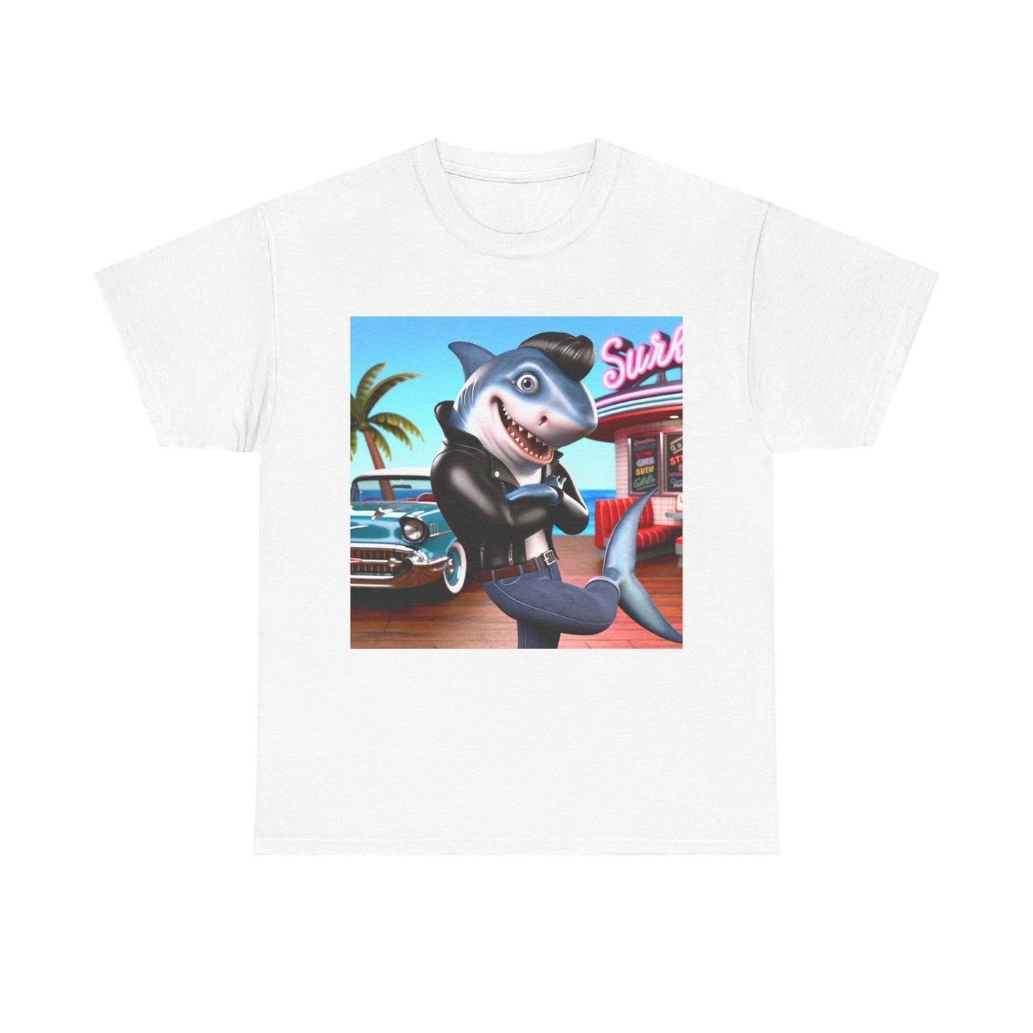 Unisex Adult T Shirt Shark Greaser Surf Retro