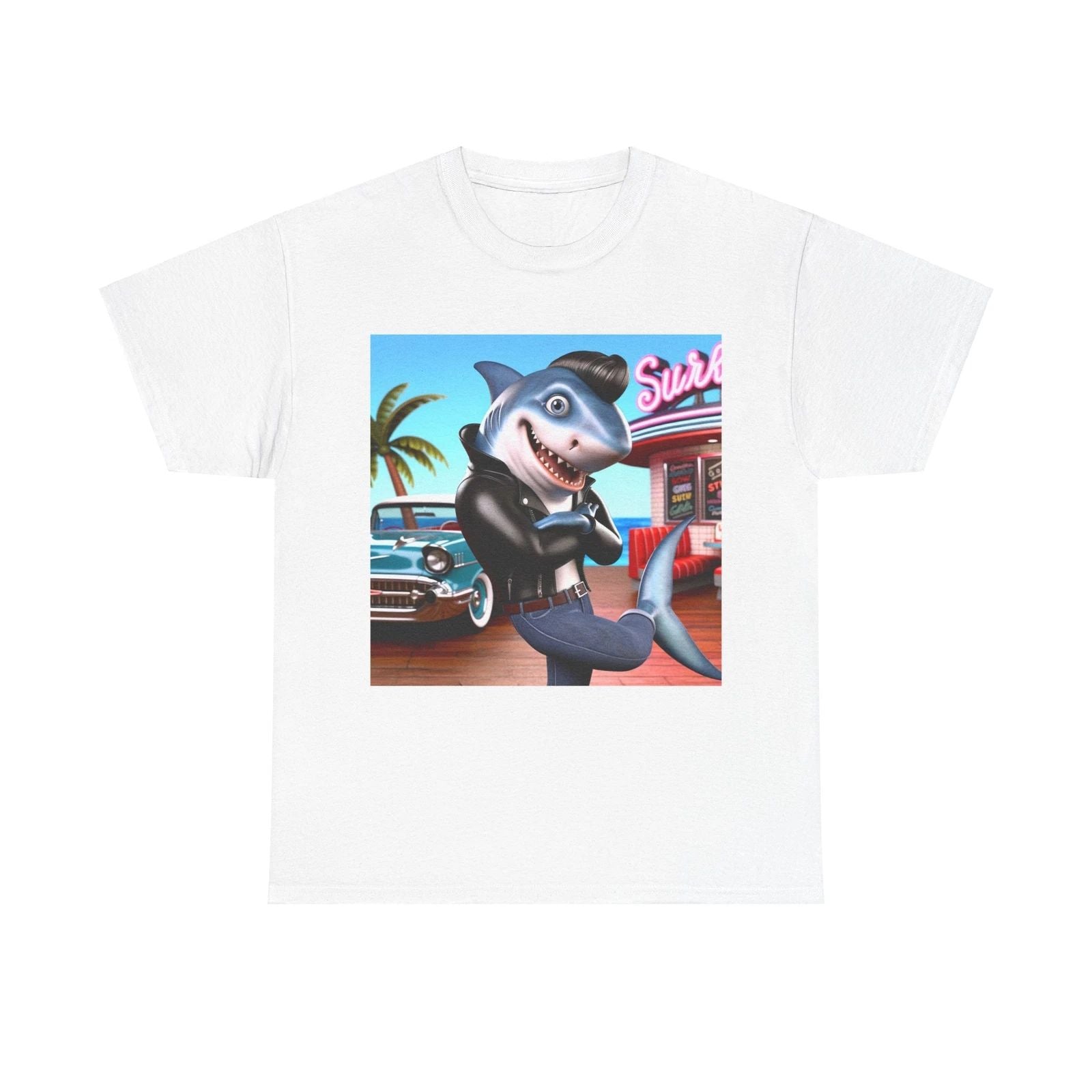 Unisex Adult T Shirt Shark Greaser Surf Retro
