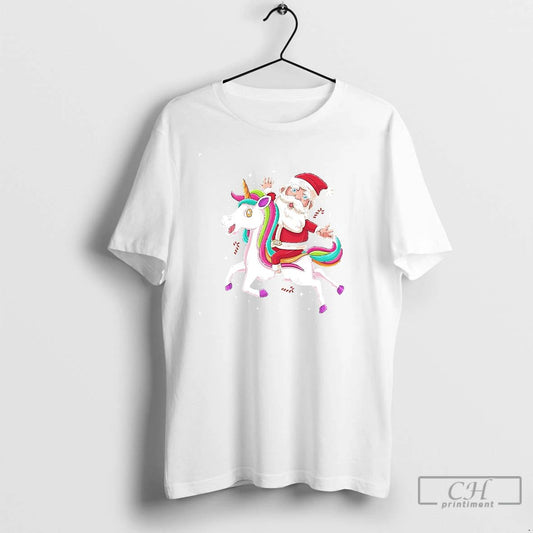Classic Santa Riding Rainbow Unicorn Christmas Magic T Shirts