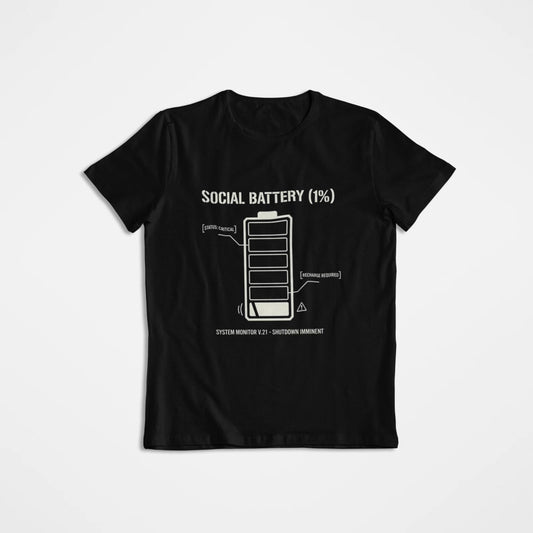 SOCIAL BATTERY 1% T-Shirt - Funny Introvert Gift - Technical Social Anxiety Tee