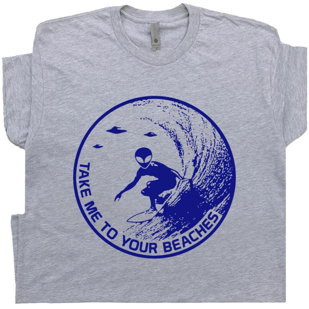 Surfing Alien T Shirt Cool Surf Tee Shirts Vintage Retro UFO Surfer Tshirt