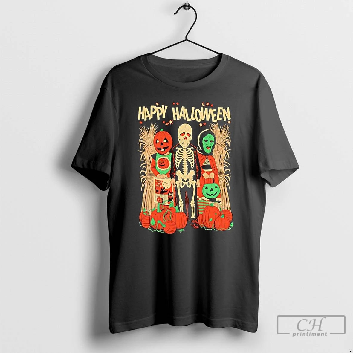 Classic Happy Halloween Trio Skeleton Pumpkin Trick Or Treat T Shirts