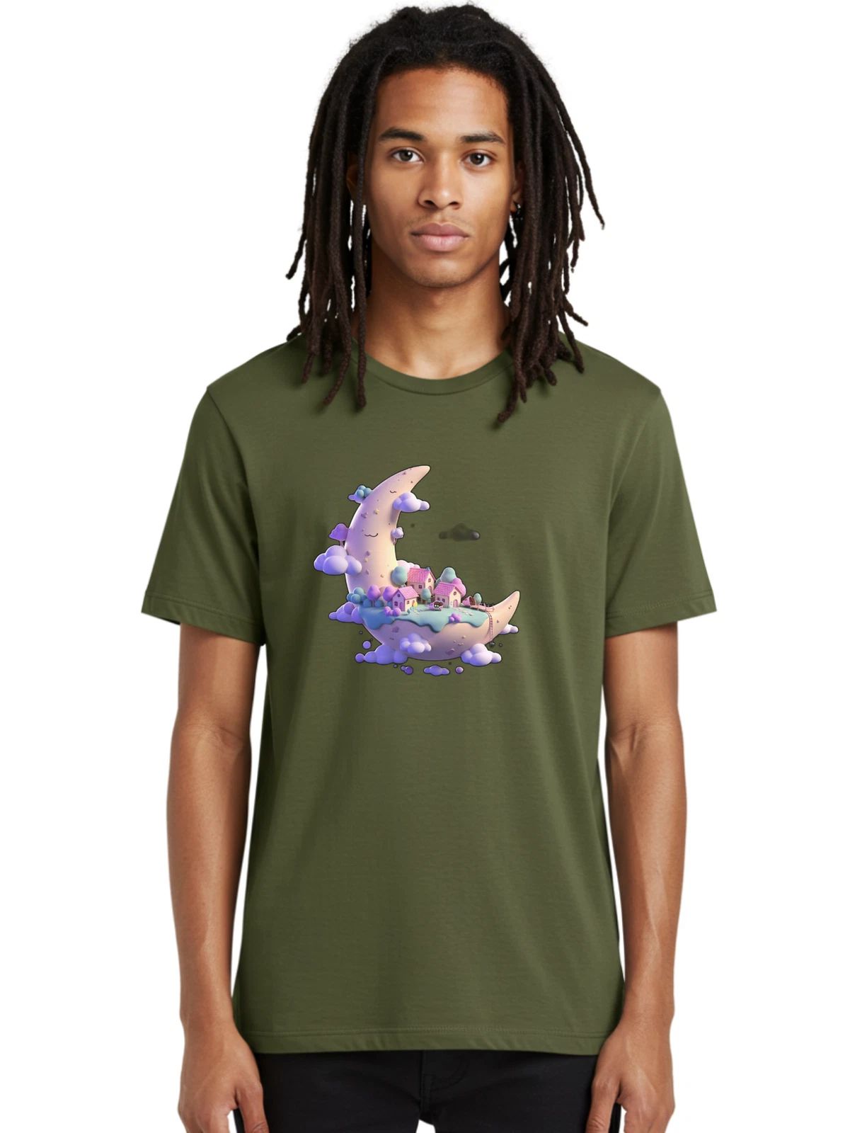 Smiling-Crescent-Moon-Village Mens Graphic Tee, 100% Cotton, Casual Summer Wear