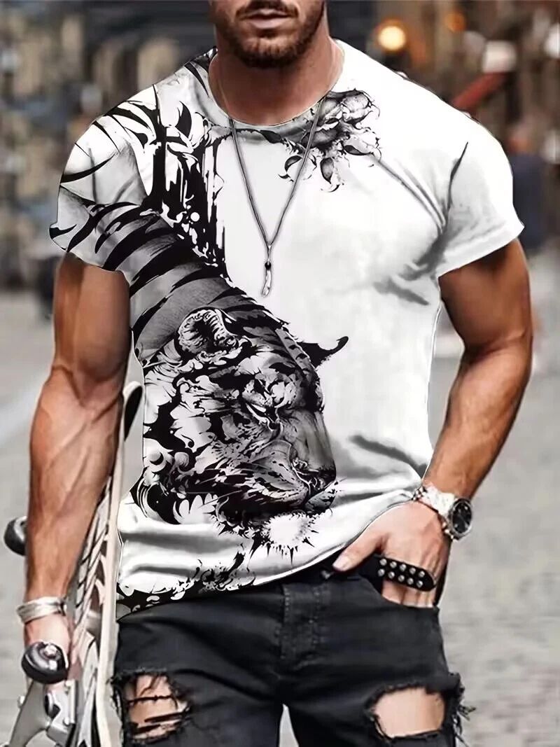 Men T Shirts Fashion Black Tiger Casual White Short Sleeve Novelty Trendy Tee