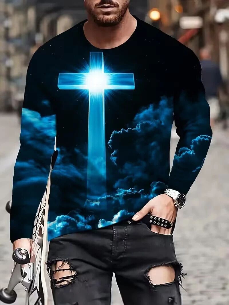 T Shirt Christian Cross Cloud Blue Black Fashion Trendy Men Long Sleeve T-Shirt