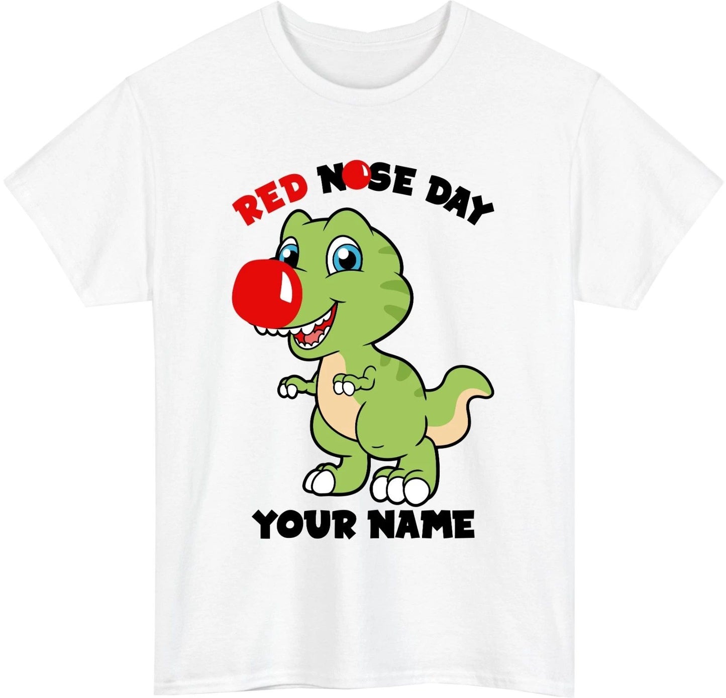 Personalised Red Nose Day Dino T-Shirt Custom Name T-Rex Dinosaur Gift Tee Top