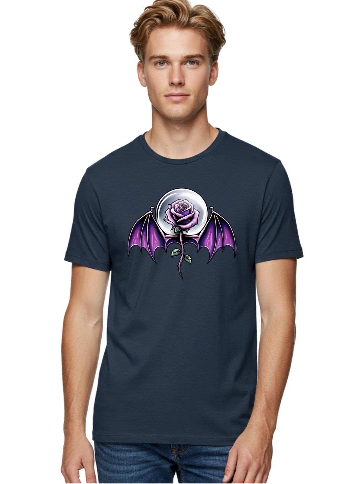 Purple-Rose-Bat-Wings-1 Mens Graphic Tee, 100% Cotton, Casual Summer Wear