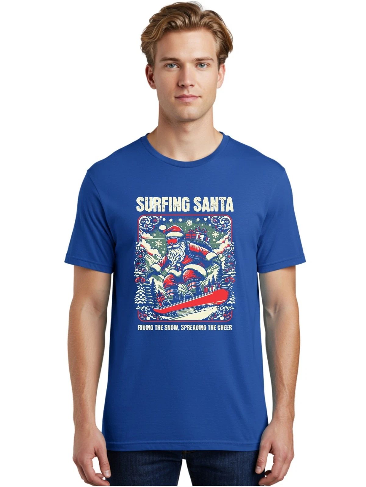 Surfing-Santa Mens Graphic Tee,100% Cotton,Casual Summer Wear