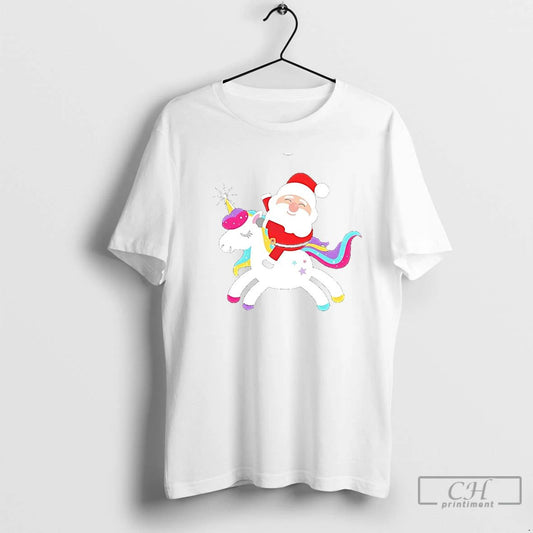 Classic Cute Santa Riding Unicorn Rainbow Christmas T Shirts