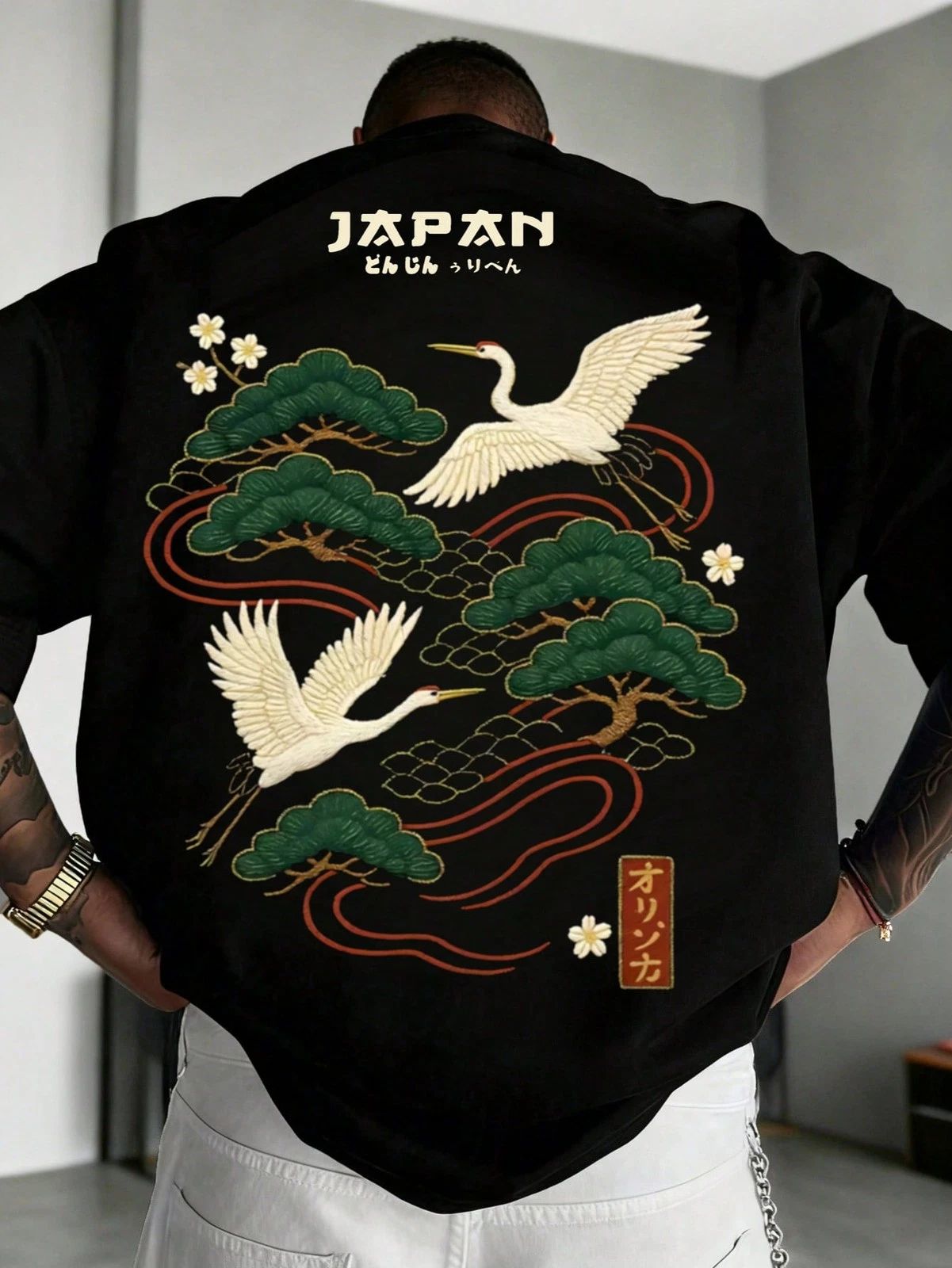 Men's Casual Versatile Minimalist Japanese Crane Print Short Sleeve T-Shirt
