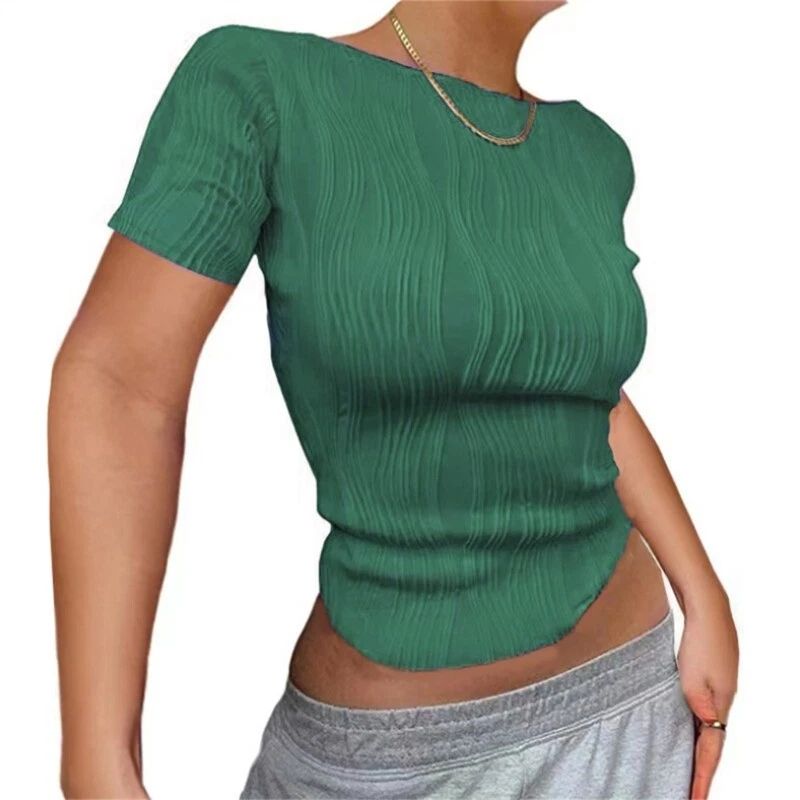 Women Ruched T-shirt Slim-Fit Crew Neck Top Female Short Sleeves Shirt