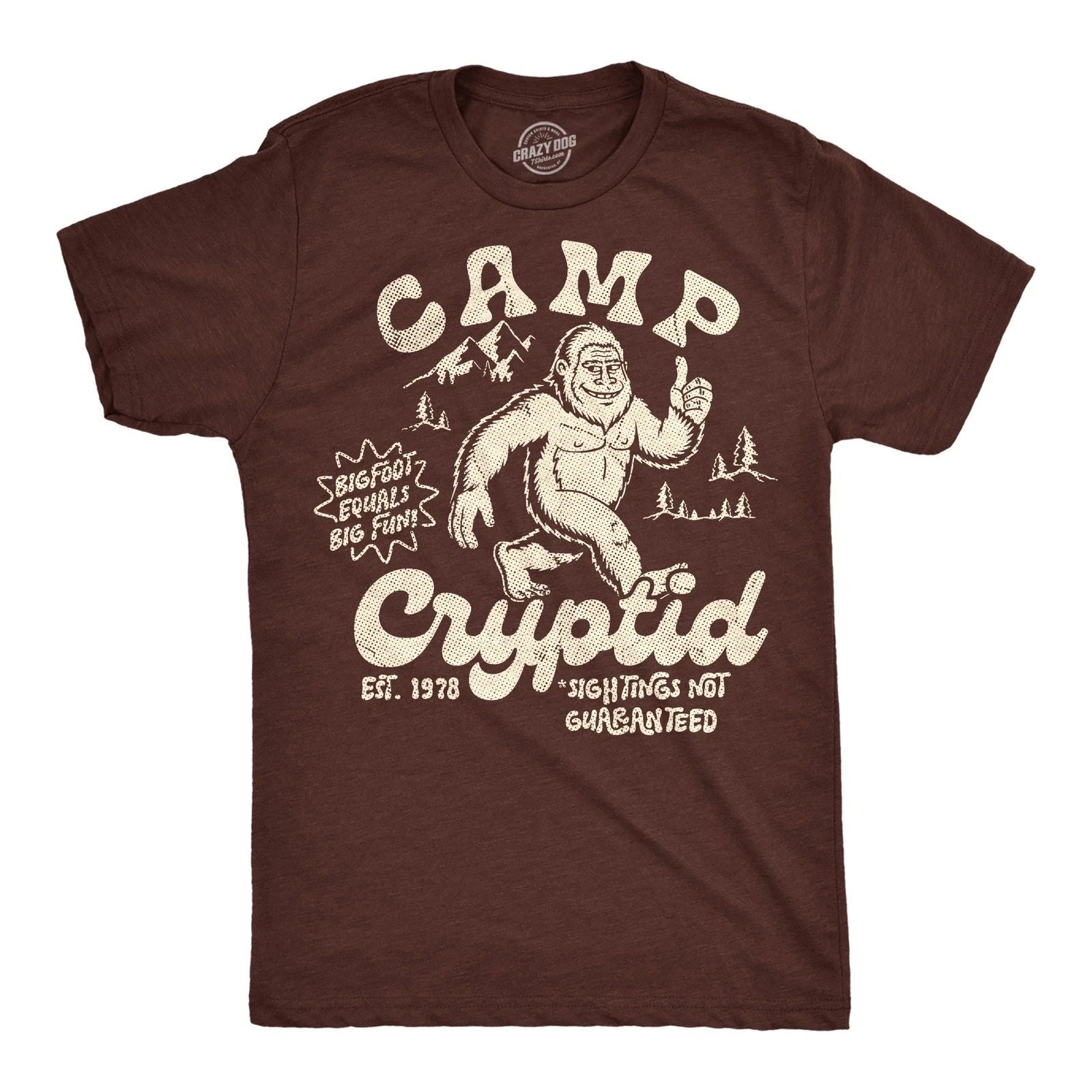 Mens Funny T Shirts Camp Cryptid Sarcastic Bigfoot Graphic Novelty Tee for Men