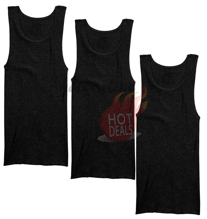 3 Pack Men's Black 100% Cotton Tank Top A-Shirt Ribbed Undershirt Size:S-2XL