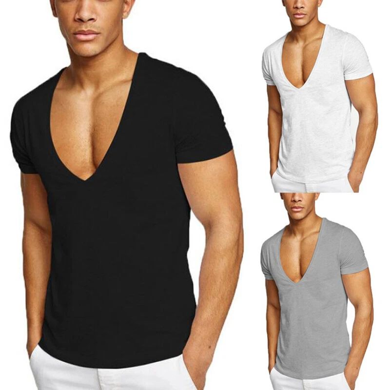 Cotton Men's Short Sleeve Sexy Deep V Neck T Shirt Slim Fit Clubwear Office Tops
