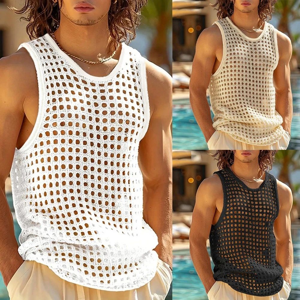 Stylish Korean Mens Mesh Vests U Neck Sleeveless Tank Tops for Summer Wear