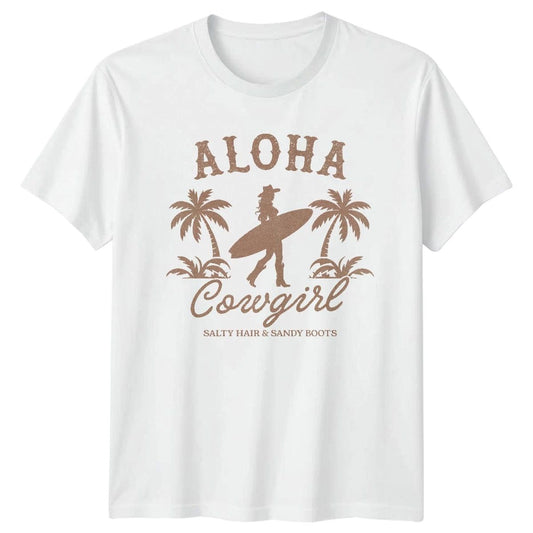 Aloha Cowgirl Salty Hair Sandy Boots Western Surfing Mens Womens Graphic Tee