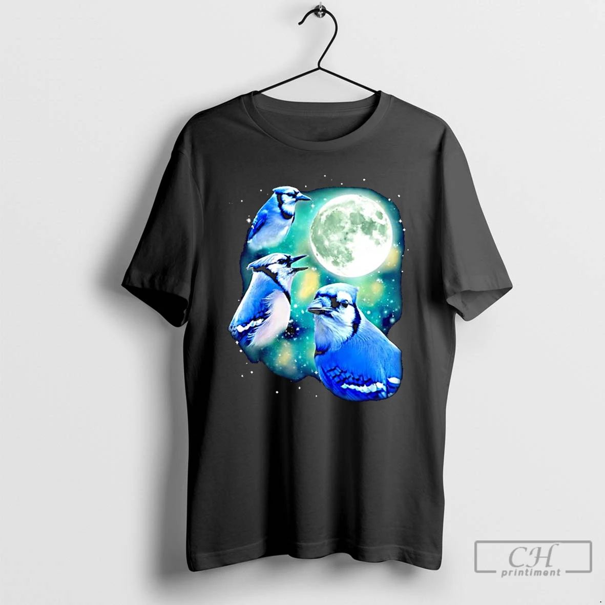 Classic Birdwatching Three Blue Jay Moon Avian Wildlife Graphic T Shirts
