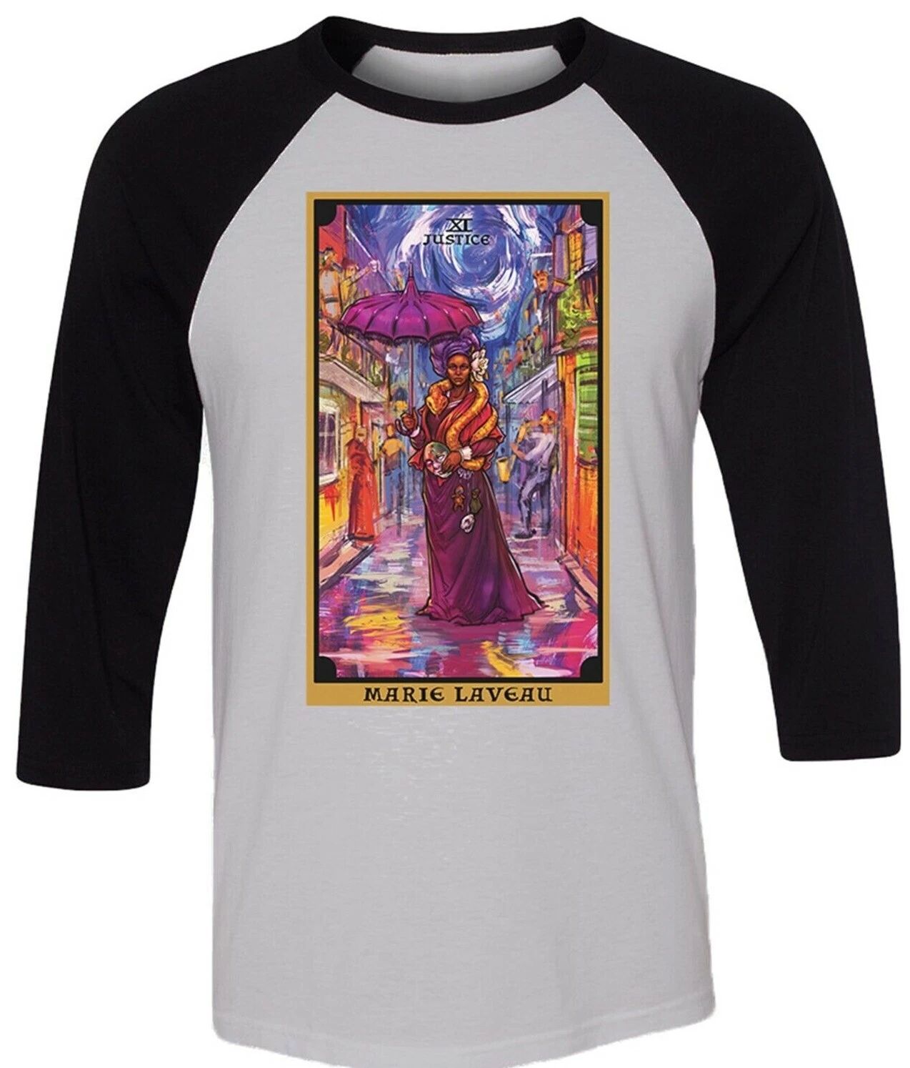 Marie Laveau Justice Tarot Card Raglan Baseball Tee Shirt New Orleans Voodoo