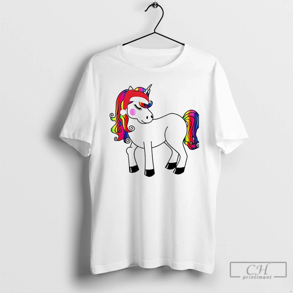 Classic Rainbow Mane Christmas Unicorn Santa Hat Christmas White T Shirts