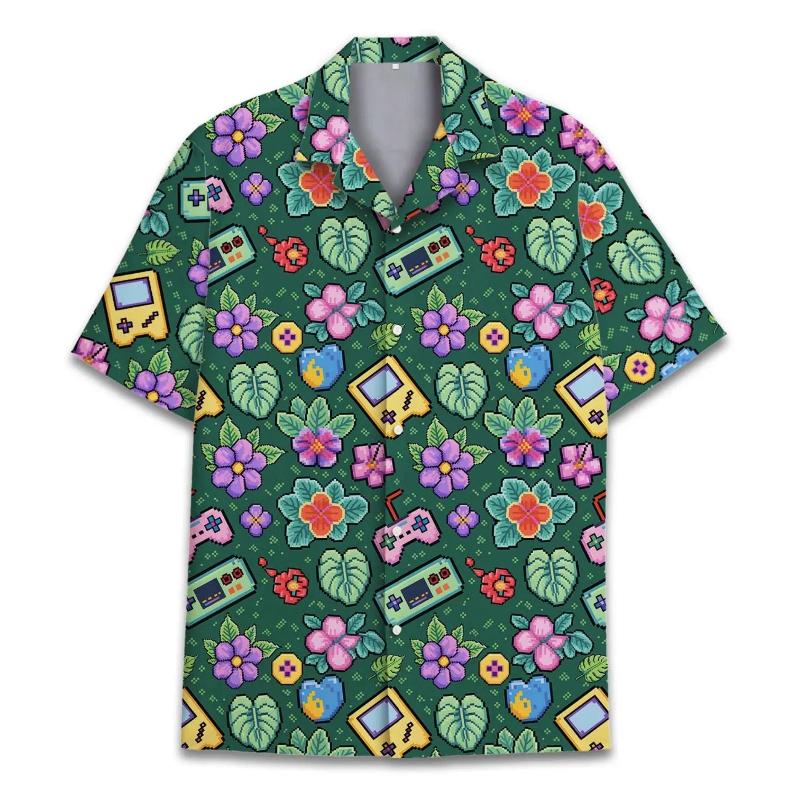 Retro Game Console Hawaiian Shirt Unisex, Pixel Art Floral Aloha Shirt
