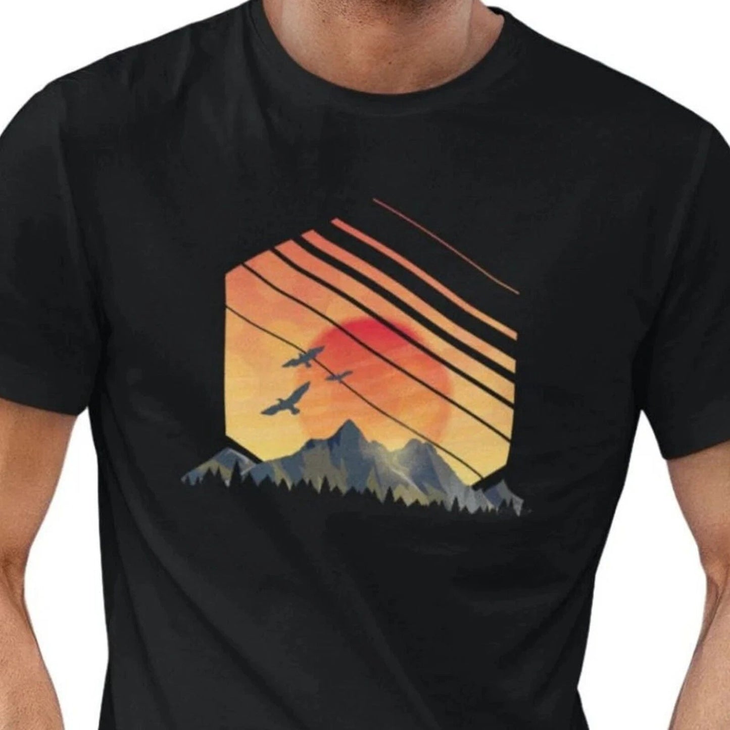 #26 Shirt Sunset Mountains T-shirt Men Nature Travel Graphic Sun Tshirt Man