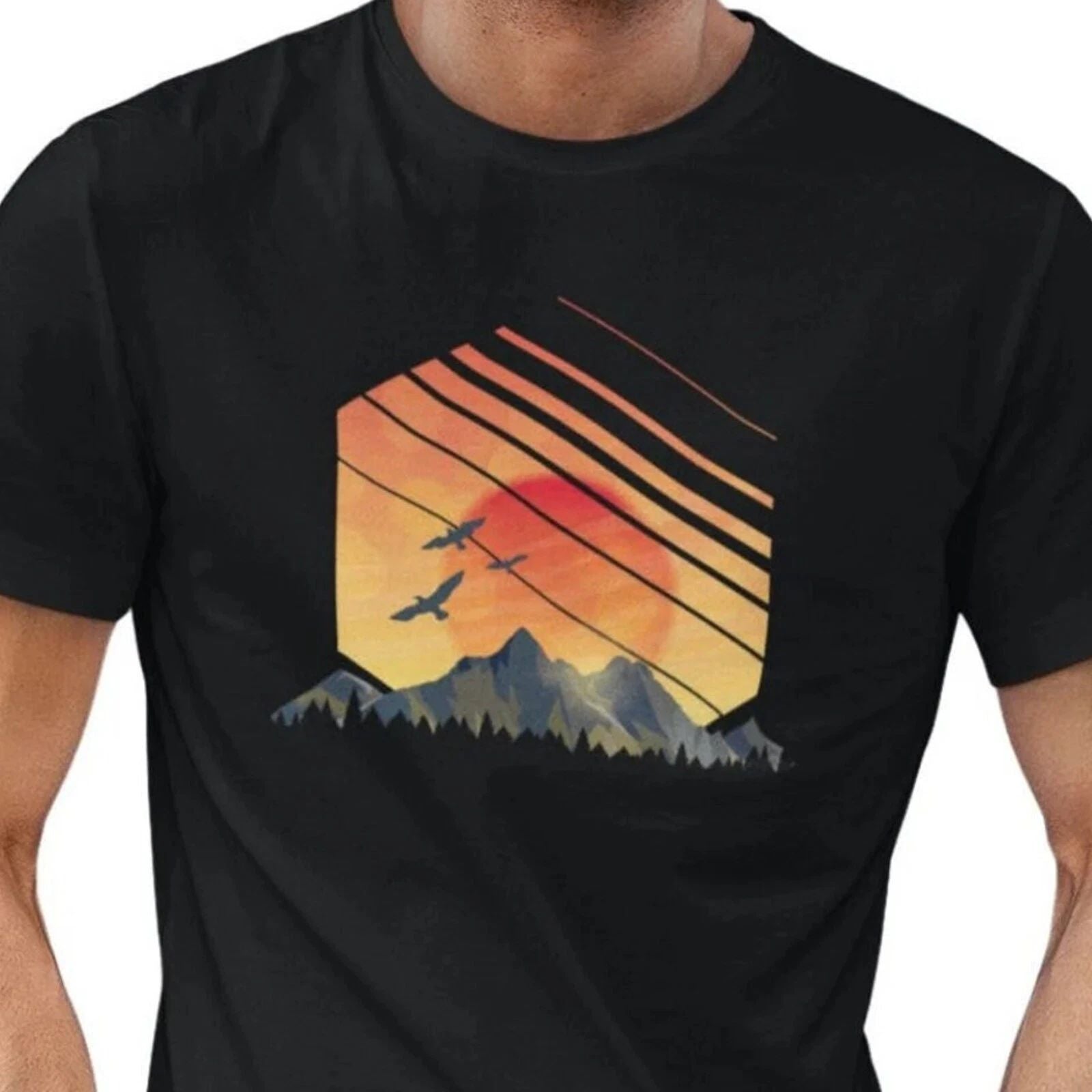 #26 Shirt Sunset Mountains T-shirt Men Nature Travel Graphic Sun Tshirt Man
