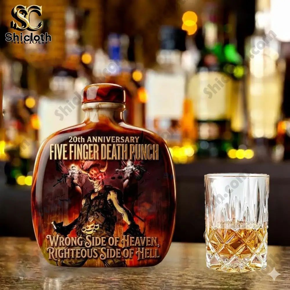 Five Finger Death Punch 20th Anniversary Wrong Side Of Heaven Rightous Side Of Hell Whiskey Glass Bottle