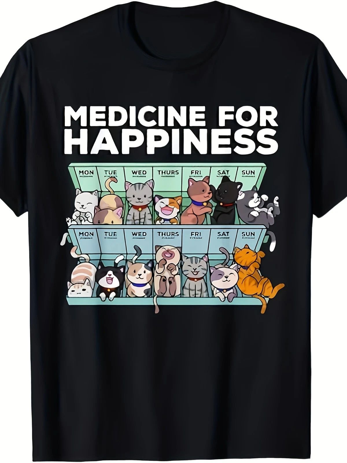 New Men'S Medicine for Happiness Cat Lovers T-Shirt - Black 100% Short Sleeve T